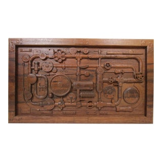 Steampunk Industrial Pipes & Gears Carved Wood Relief Wall Panel 20"x12" For Sale