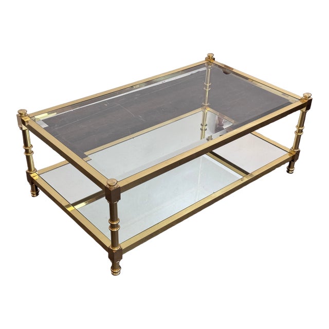 Circa 1970's Italian Brass Two Tiered Coffee Table For Sale