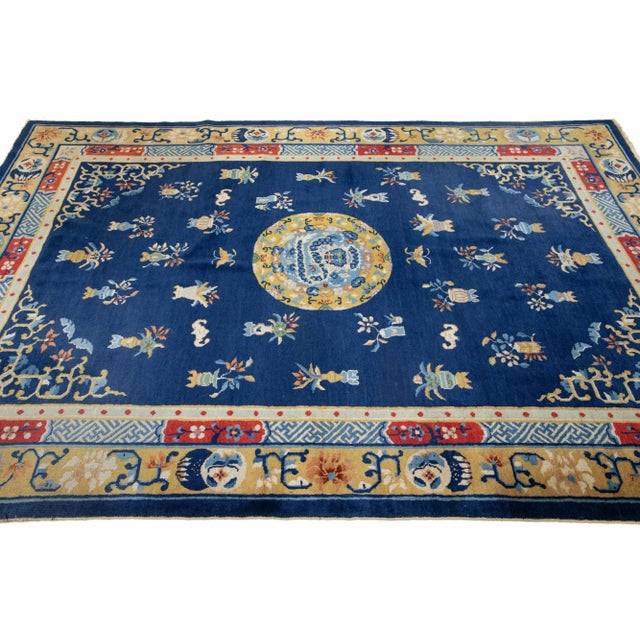 1920s Antique Peking Designed Chinese Wool Rug Handmade in Blue For Sale In New York - Image 6 of 9