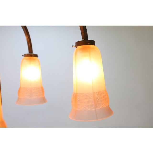 Art Deco Chandelier with Etched Pink Glass Shades, 1930s For Sale - Image 3 of 10