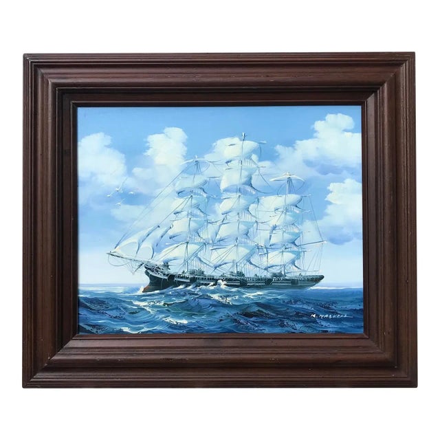 Blue Maritime Oil Painting of a Clipper Ship at Full Sail by K. Maskel For Sale - Image 8 of 8