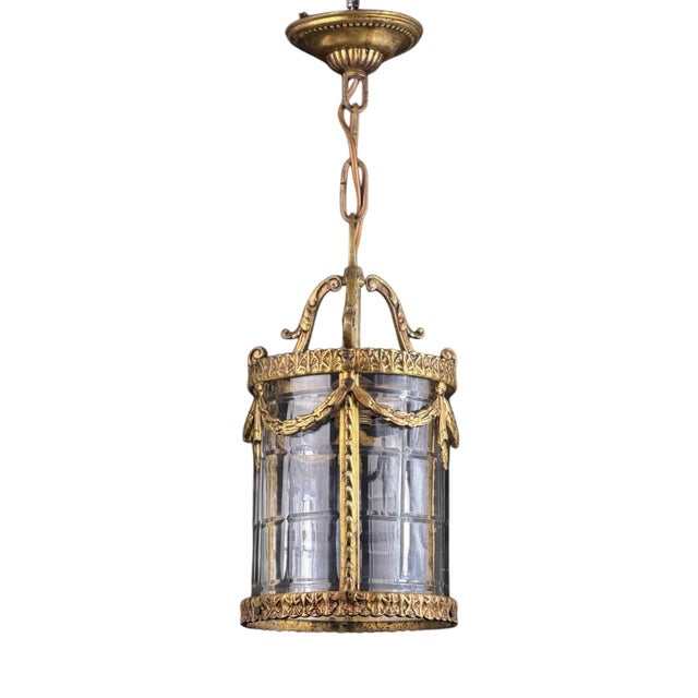 Antique French Louis XVI Style Gilt Bronze Hanging Lantern with Faceted Glass For Sale