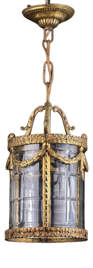 Antique French Louis XVI Style Gilt Bronze Hanging Lantern with Faceted Glass
