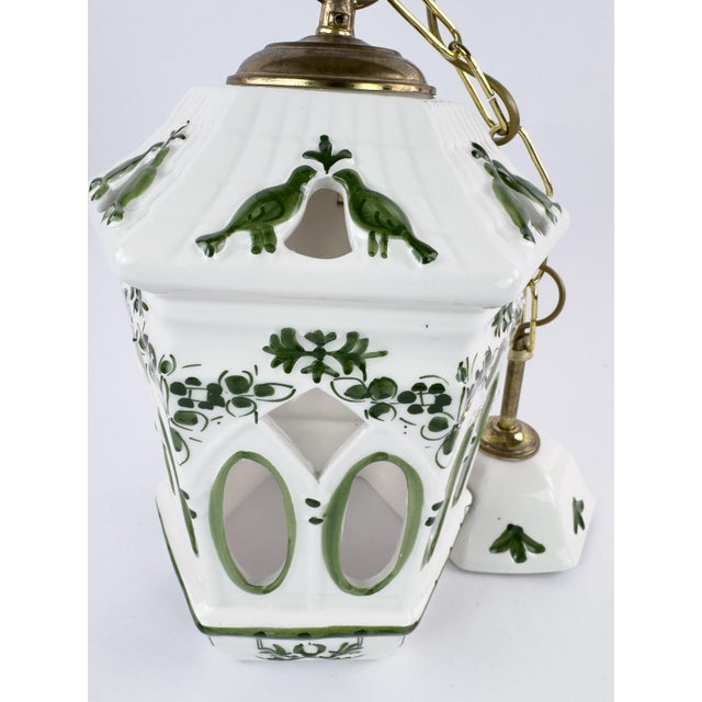 Vintage French Ceramic Pendant Light With Hand-Painted Green Birds For Sale - Image 12 of 18