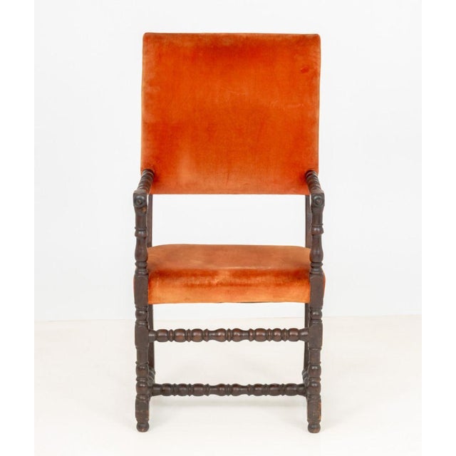 Italian Baroque Velvet Upholstered Walnut Arm Chair. 46" H x 22" W x 19" D; seat: 19.5" H. Provenance: From the Estate of...