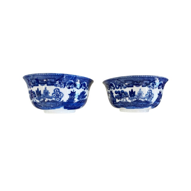 Vintage Blue and White Japanese set of two porcelain Bowls . Features classic blue willow design with varying shades of...