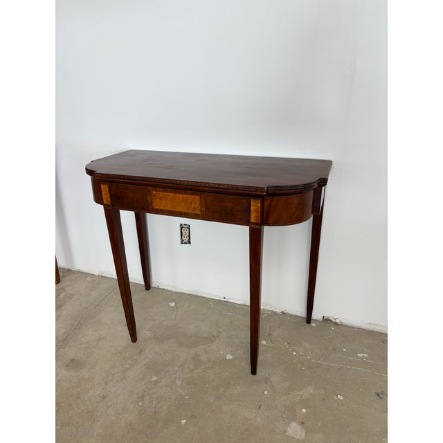 English George III Mahogany Fold Top Demi Lune / Card Table, Mahogany With Birdseye Maple Inlay, Circa 1800 Front Demilune For Sale - Image 4 of 10