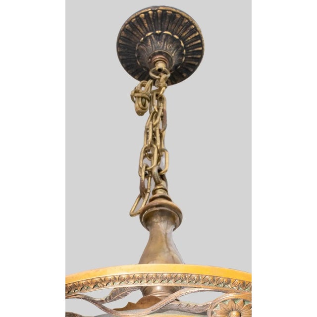 Antique Arts and Crafts Schoolhouse Bronze Fixture With Milk Glass Shade For Sale - Image 4 of 6