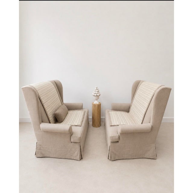 Pair of Gregorius Pineo High Back Loveseats in Oatmeal Linen For Sale - Image 11 of 11