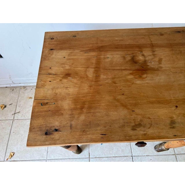 English 19th Century Antique Federal Style Yellow Pine Side-Work Table With Spool Turned Legs For Sale - Image 3 of 12