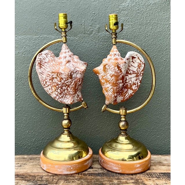Vintage Brass and Wood Shell Lamps - Pair For Sale - Image 9 of 12