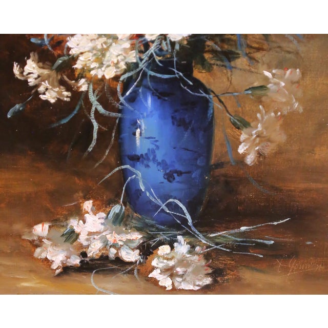 Textile 19th Century French Floral Still Life Oil on Canvas Painting in Gilt Frame For Sale - Image 7 of 9