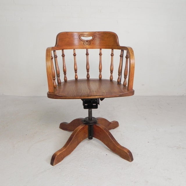 Height-Adjustable Oak Swivel Office Chair, 1930s For Sale - Image 9 of 18