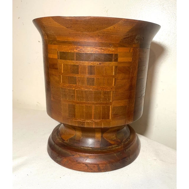 Share Huge Rare Antique Hand Made Turned Carved Wood Marquetry Mortar and Pestle Large For Sale In New York - Image 6 of 12