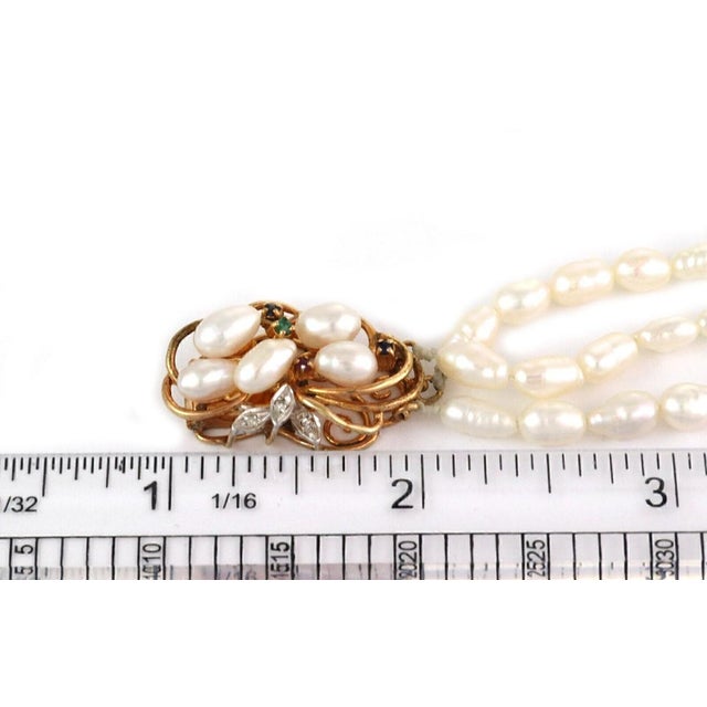 Metal Diamond & Gems 14k Gold Three Strand Freshwater Rice Pearls Necklace For Sale - Image 7 of 7