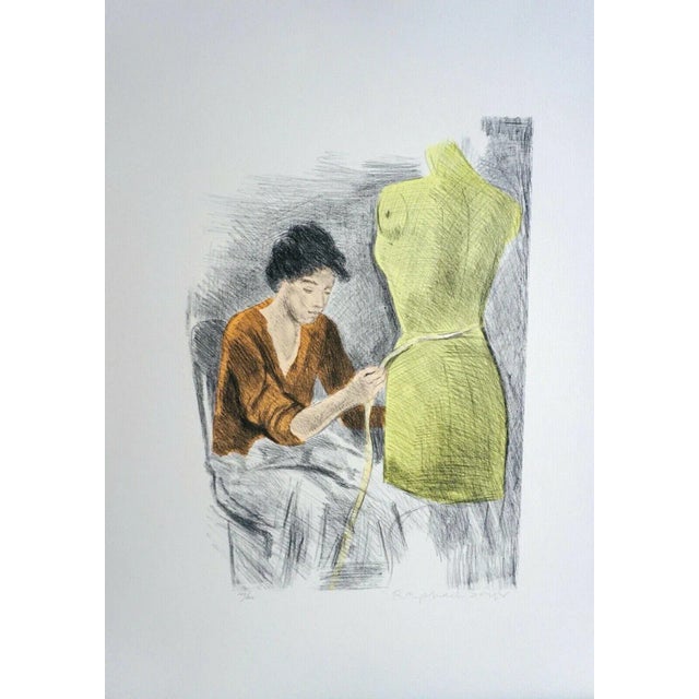 Contemporary Late 20th Century "Seamstress II" Figurative Lithographs and Portfolio Cover by Raphael Soyer - Set of 3 For Sale - Image 3 of 7