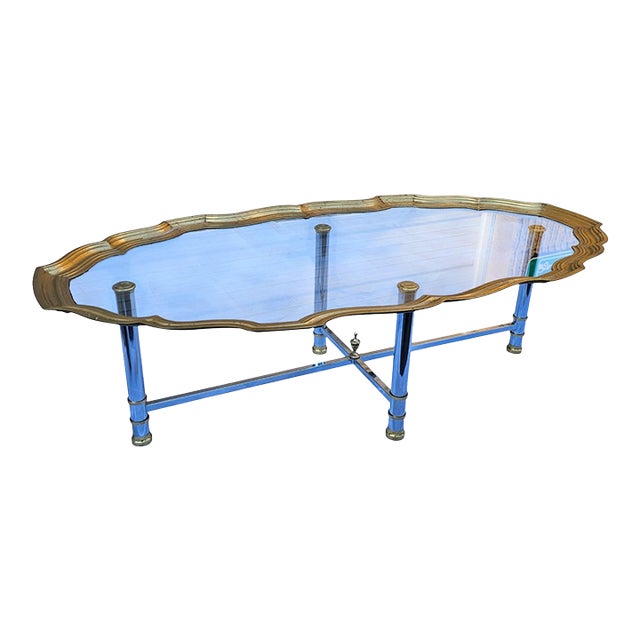 Vintage Scalloped Brass and Polished Steel Chrome Glass Top Cocktail Table For Sale