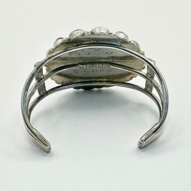 1970s Vintage Southwestern Dine’ Navajo Ben Touchine Turquoise & Sterling Large Cuff Bracelet - 7” For Sale - Image 9 of 11