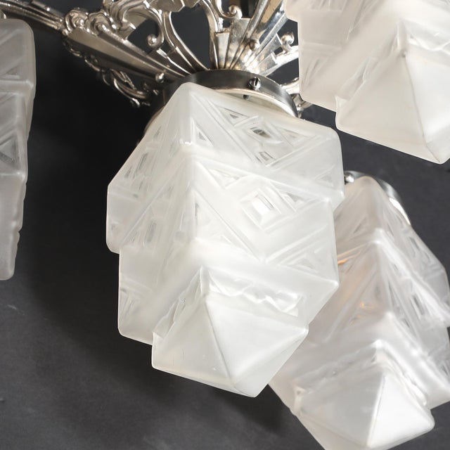Art Deco Skyscraper-Style Nickeled Bronze & Frosted Glass 4-Arm Chandelier For Sale - Image 12 of 13