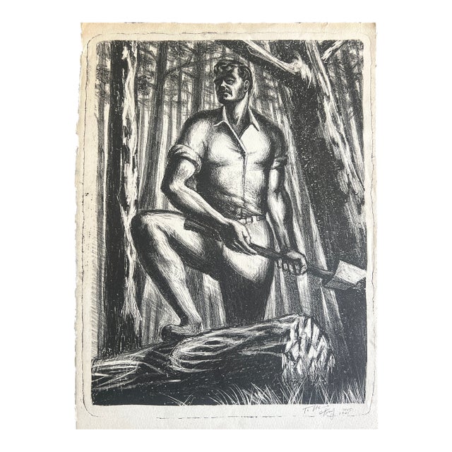 Signed Lithograph by Tony Trezza, November 1945. Representation of Paul Bunyon Type Woodcutter Character. For Sale