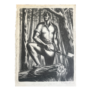 Signed Lithograph by Tony Trezza, November 1945. Representation of Paul Bunyon Type Woodcutter Character.