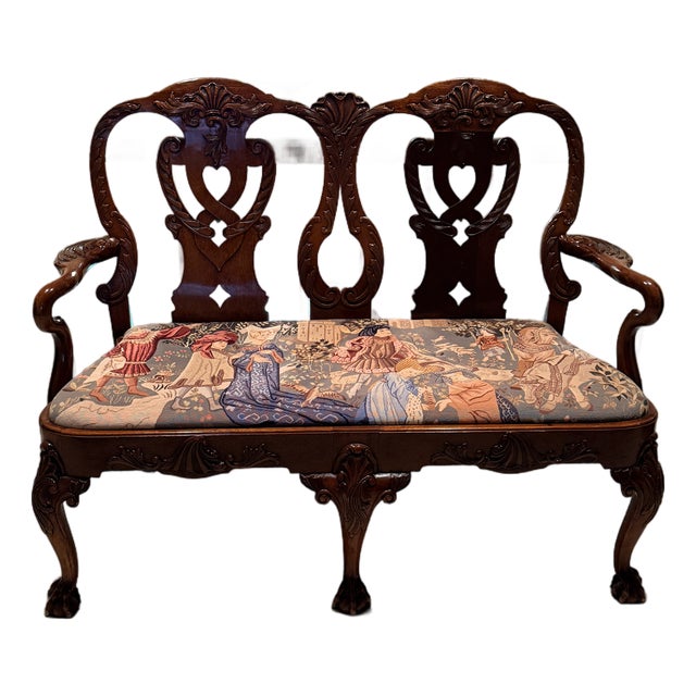 Carved Settee With Needlepoint Seat For Sale