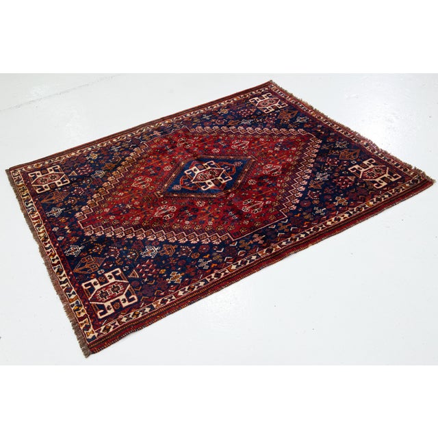 Persian 4 X 5 Blue and Red Designed Shiraz Vintage Persian Wool Rug For Sale - Image 3 of 10