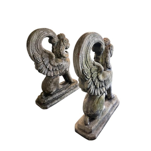 Pair of Vintage Cast Stone Winged Griffins For Sale - Image 4 of 12