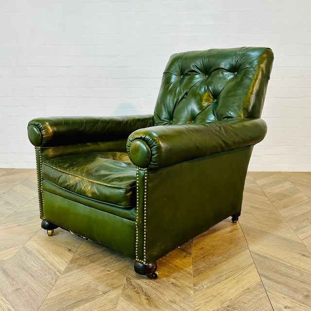 Animal Skin 19th Century English Green Leather Club Chair For Sale - Image 7 of 18