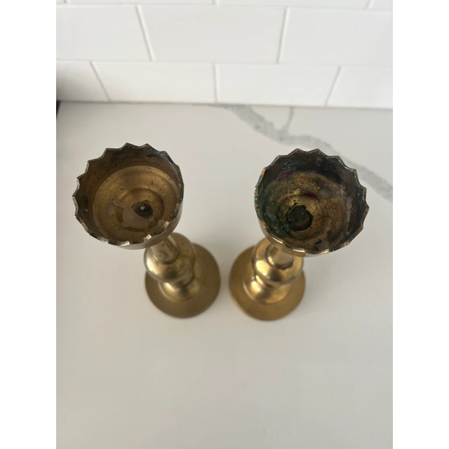Hollywood Regency Vintage Brass Crown Top Candlesticks- a Pair For Sale - Image 3 of 4