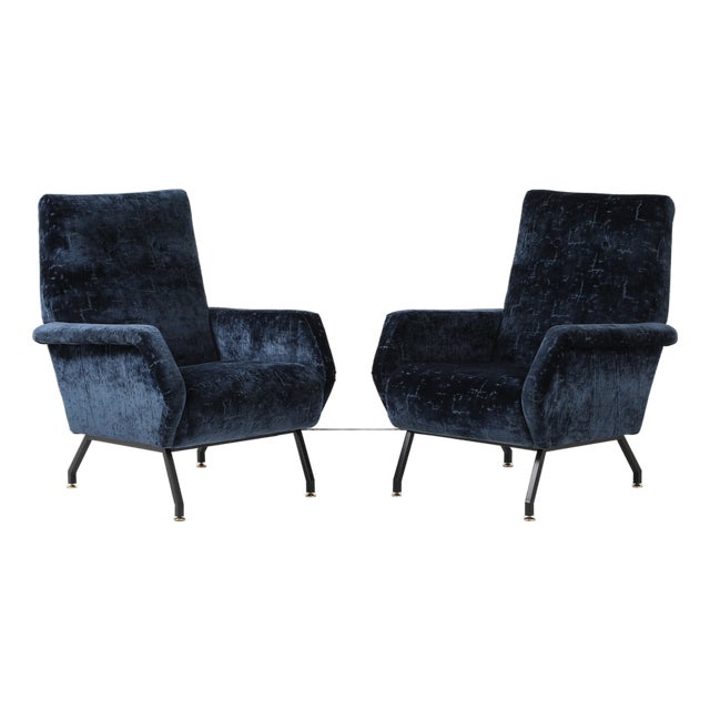 1960's Gigi Radice Italian Lounge Chairs in Blue Velvet Upholstery For Sale