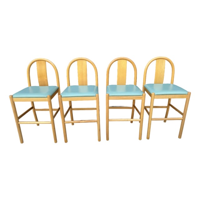 1980s Blonde Wood Splat Back Counter Stools, Pronto Chair - Set of 4, Attributed to Italian Postmodern Design / in Style of Hank Loewenstein "Padova" For Sale