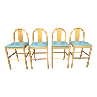 1980s Blonde Wood Splat Back Counter Stools, Pronto Chair - Set of 4, Attributed to Italian Postmodern Design / in Style of Hank Lowenstein "Padova" For Sale