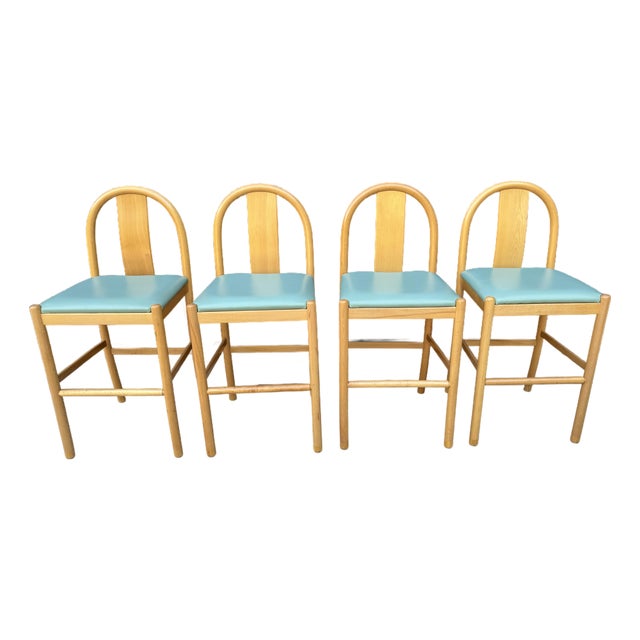 1980s Blonde Wood Splat Back Counter Stools, Pronto Chair - Set of 4, Attributed to Italian Postmodern Design / in Style of Hank Lowenstein "Padova" For Sale