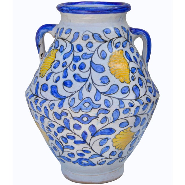 Moroccan Mid 20th Century Blue & Orange Andalusian-Patterned Ceramic Vase W/ Handles For Sale - Image 3 of 10