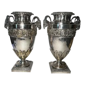 Mid 19th Century English Sheffield Silver Plate, Urns With Rams Heads and Faces - a Pair