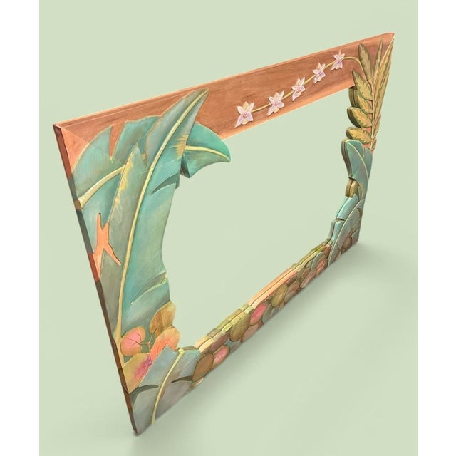 Boho Chic 90s Oversized Boho Tropical Leaf Wall Mirror, Hand Carved, Signed Heffner & Vatalaro For Sale - Image 3 of 12