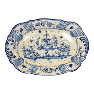 Mid Century Portuguese Faience Large Blue & Ivory Platter For Sale