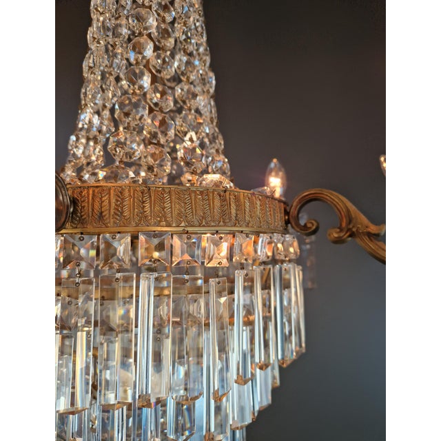 Brass Antique Italian Neoclassical Crystal Chandelier Brass Original Wooden Sockets For Sale - Image 8 of 11