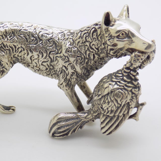 Italian Vintage Italian Handmade Genuine Silver Large Fox With Hunted Game Figurine Rare Sculpture For Sale - Image 3 of 10