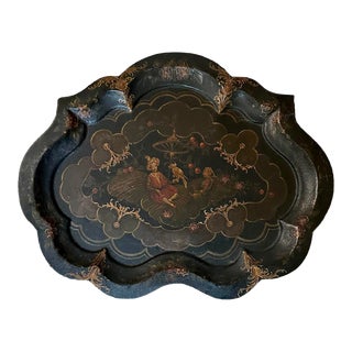 Antique Gilt & Black Chinoiserie Hand Painted Scalloped Tole Tray For Sale