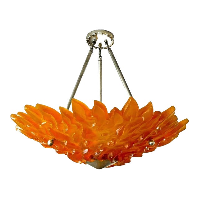 Large Sirmos Orange Fiberglass Resin Sun Design Art Deco Revival Chandelier For Sale