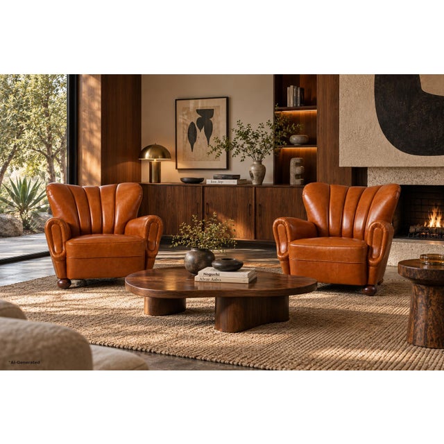 Dating back to the 1940s, this striking pair of Scandinavian Art Deco club lounge chairs combines a commanding sculptural...