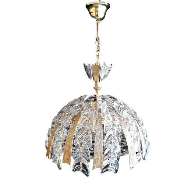 Vintage Ceiling Lamp with Gold-Colored Metal Elements and Cut Crystal Glass Trim, 1970s For Sale