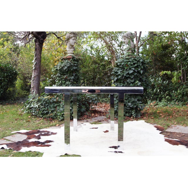 Postmodern 70s Attributed to Milo Baughman Chrome + Glass Extendable Dining Table / Desk Table Square to Rectangular For Sale - Image 9 of 16
