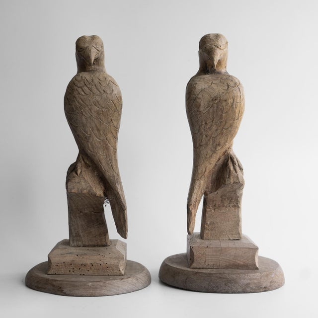 Pair of Antique French Folk Art Carved Oak Falcon Figures, Wooden Bird Sculpture For Sale - Image 10 of 14