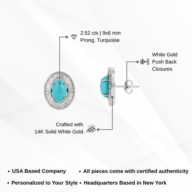 14k White Gold Halo Stud Earrings With 2.52ct Turquoise & Diamonds- A Pair For Sale - Image 12 of 15