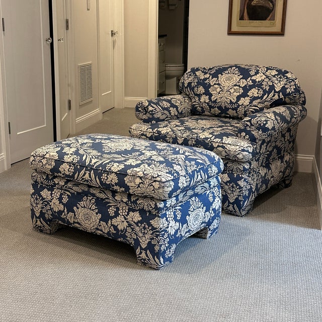 Blue and White Club Chair With Ottoman For Sale - Image 4 of 12