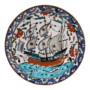 Vintage Hand Painted Ceramic Plate Depicting Ship, Fish and Flowers in Gold by Ikaros Pottery in Rhodes Greece