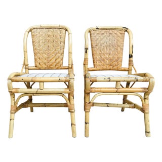 20th Spanish Midcentury Pair of Bamboo Chairs with Upholstered Seat For Sale